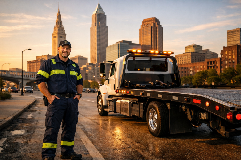 Tow truck driver next to a flatbed tow truck on a Cleveland Ohio street